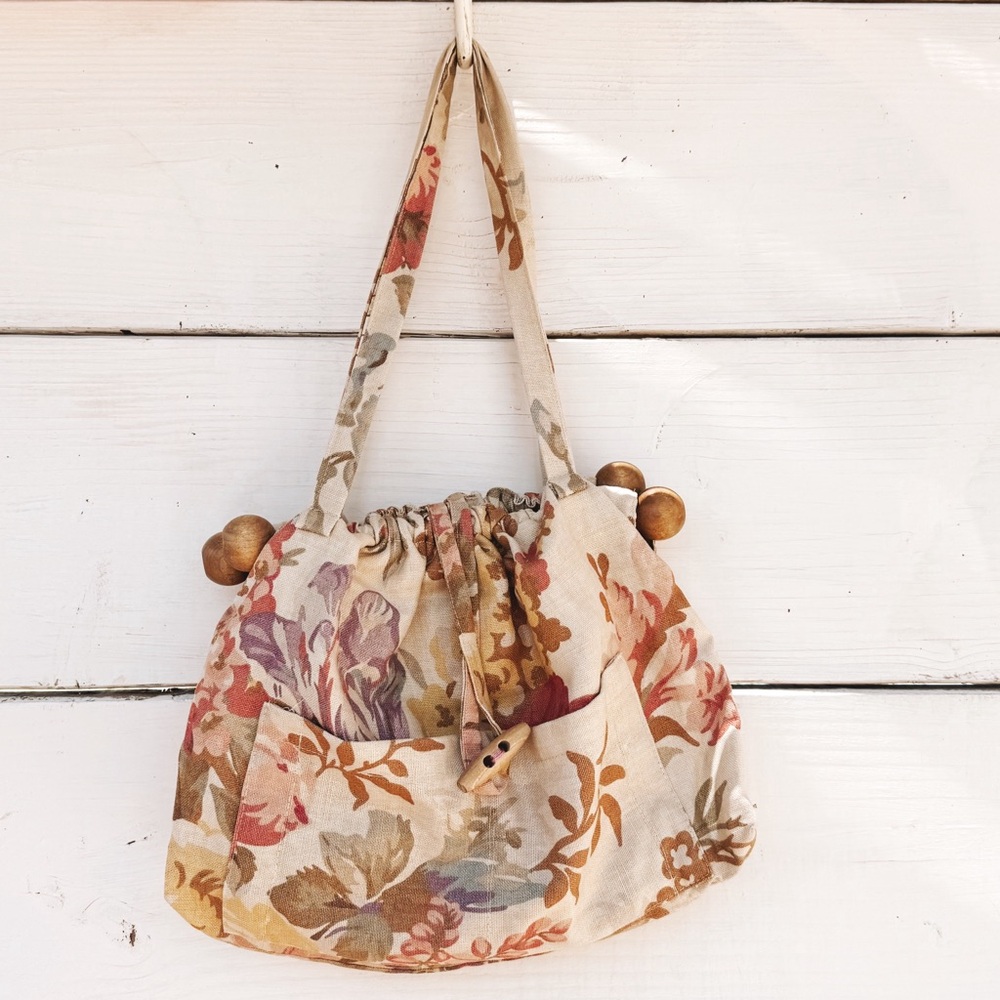 Vintage Floral Canvas + Wood Shoulder Bag